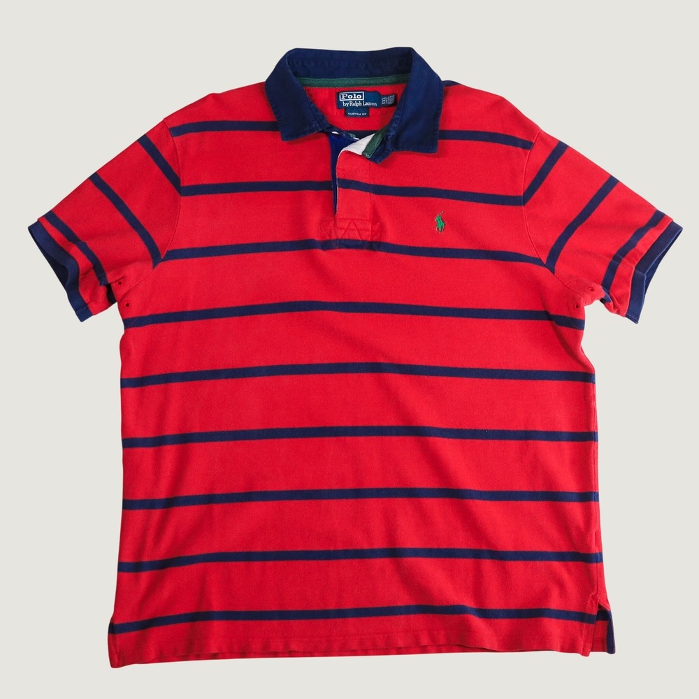Polo Ralph Lauren Custom Fit Rugby Polo Shirt Men XXL Red Navy Stripe Green Pony